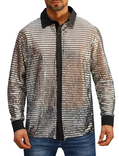 FYMNSI Herren Pailletten Langarm Hemd 70er Disco Party Kost�m Slim Fit Button Down Gl�nzend Kleid Shirts Durchsichtig Nachtclub Top Freizeithemd 80er Jahre Outfit Karneval Fasching Oberteil Silber 3XL von FYMNSI
