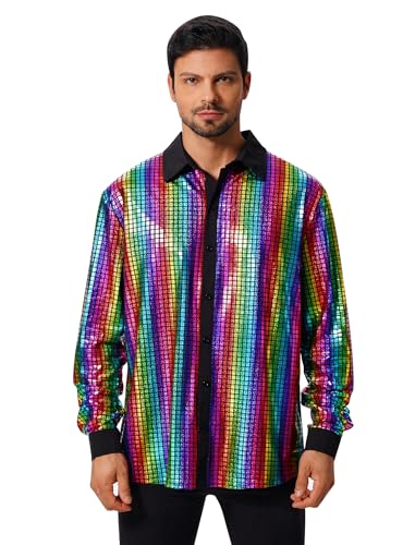 FYMNSI Herren Pailletten Langarm Hemd 70er Disco Party Kost�m Slim Fit Button Down Metallic Gl�nzend Kleid Shirts Nachtclub Top Freizeithemd 80er Jahre Outfit Karneval Fasching Oberteil Bunt L von FYMNSI