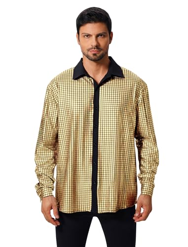 FYMNSI Herren Pailletten Langarm Hemd 70er Disco Party Kost�m Slim Fit Button Down Metallic Gl�nzend Kleid Shirts Nachtclub Top Freizeithemd 80er Jahre Outfit Karneval Fasching Oberteil Gold M von FYMNSI