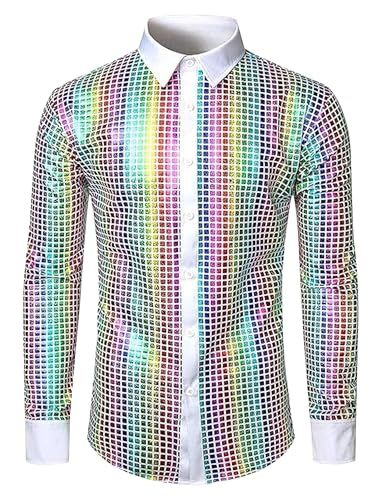 FYMNSI Herren Pailletten Langarm Hemd 70er Disco Party Kost�m Slim Fit Button Down Metallic Gl�nzend Kleid Shirts Nachtclub Top Freizeithemd 80er Jahre Outfit Karneval Fasching Oberteil Regenbogen 3XL von FYMNSI