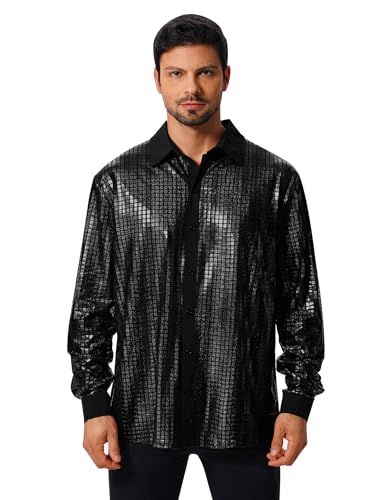 FYMNSI Herren Pailletten Langarm Hemd 70er Disco Party Kost�m Slim Fit Button Down Metallic Gl�nzend Kleid Shirts Nachtclub Top Freizeithemd 80er Jahre Outfit Karneval Fasching Oberteil Schwarz M von FYMNSI