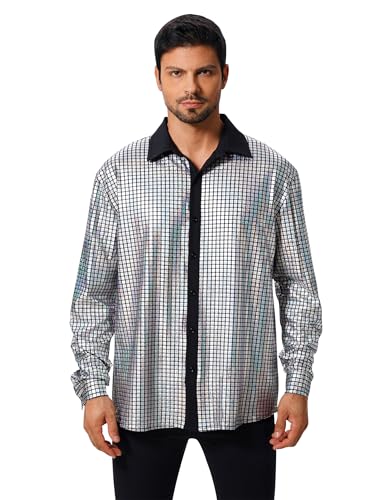 FYMNSI Herren Pailletten Langarm Hemd 70er Disco Party Kost�m Slim Fit Button Down Metallic Gl�nzend Kleid Shirts Nachtclub Top Freizeithemd 80er Jahre Outfit Karneval Fasching Oberteil Silber 2XL von FYMNSI