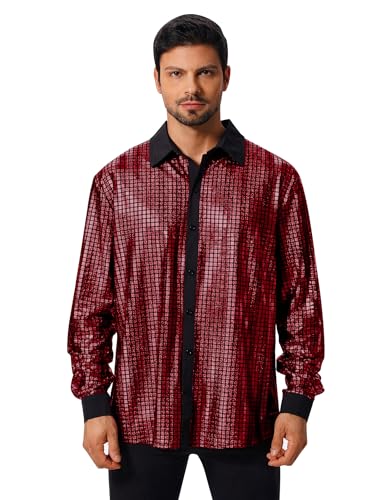 FYMNSI Herren Pailletten Langarm Hemd 70er Disco Party Kost�m Slim Fit Button Down Metallic Gl�nzend Kleid Shirts Nachtclub Top Freizeithemd 80er Jahre Outfit Karneval Fasching Oberteil Weinrot 2XL von FYMNSI