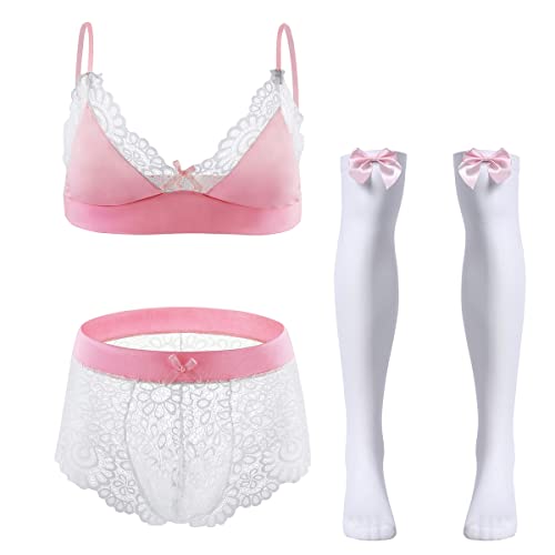 FYMNSI Herren Sissy Dessous Männer Unterwäsche Set Crossdresser Transparent Spitzen BH Top String Tanga Slip mit Lange Strümpfe 3tlg Reizwäsche Erotik Unterhose Nachthemden Negligee Rosa + Weiß S von FYMNSI