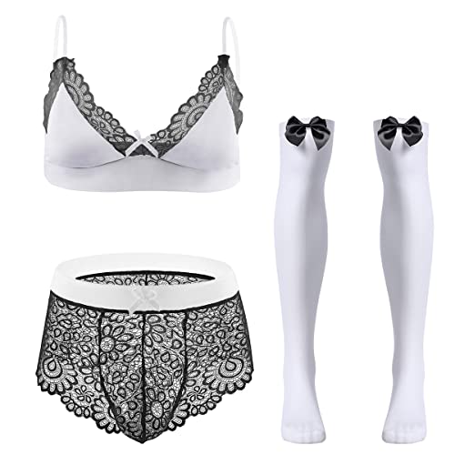 FYMNSI Herren Sissy Dessous Männer Unterwäsche Set Crossdresser Transparent Spitzen BH Top String Tanga Slip mit Lange Strümpfe 3tlg Reizwäsche Erotik Unterhose Nachthemden Negligee Schwarz + Weiß XL von FYMNSI