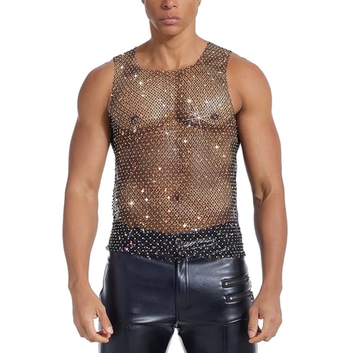 FYMNSI Herren Strass Mesh Top Männer Fishnet Tank Tops Strasssteine Netztop Transparent Oberteile Muskelshirt Glänzende Ärmellose Muskel Casual T-Shirt Workout Rave Sheer Weste Schwarz Strass L von FYMNSI