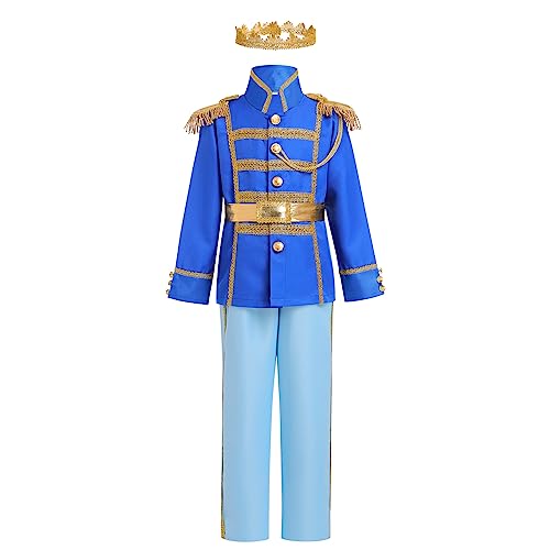 FYMNSI Jungen Prinz Charming Kostüm Halloween Cosplay Kinder Märchenprinz Mittelalterlichen König Kinderkostüm Jacke Top Hose Gürtel Krone Set Karneval Mottoparty Party Verkleidung Hellblau 5-7 Jahre von FYMNSI