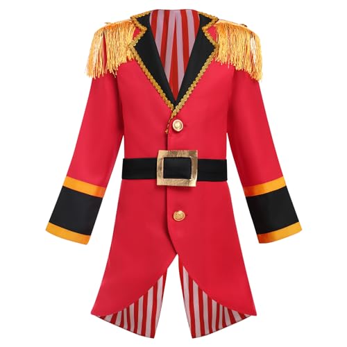FYMNSI Jungen Ringmaster Zirkus Kost�m Halloween Karneval Cosplay Jacke Mantel Smokings Anz�ge Outfits f�r Kinder Weihnachten Geburtstag Party Fasching Rollenspiel Verkleidung Rot 7-8 Jahre von FYMNSI