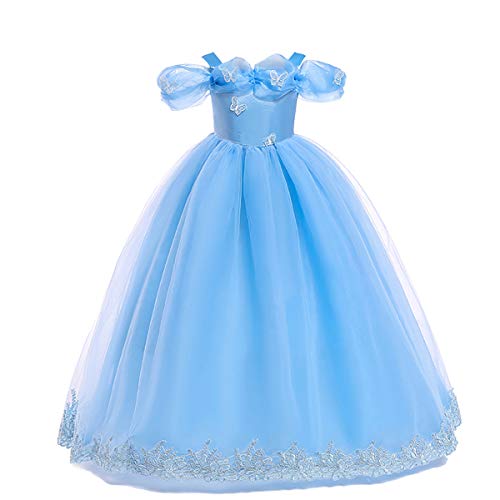 FYMNSI Kinder Aschenputtel Kostüm Kleid Mädchen Cinderella Prinzessinenkleid Karneval Fasching Cosplay Schulterfrei Schmetterling Tüll Maxikleid Halloween Geburtstagsfeier Festkleid Blau 7-8 Jahre von FYMNSI