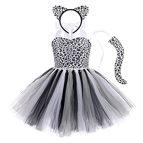 FYMNSI Kinder Baby Halloween Tier Kost?m M?dchen Leopard Cosplay T?t? Kleid Mit Ohren Stirnband Schwanz Outfit f?r Geburtstagsfeier Fasching Mottoparty Karneval Weihnachten Verkleidung Schwarz 5-6J von FYMNSI