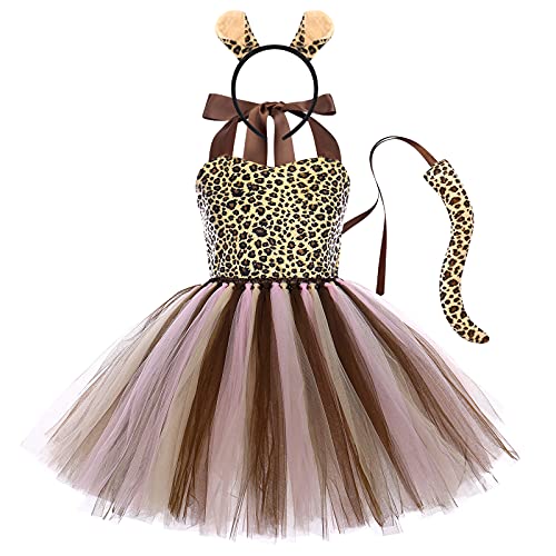 FYMNSI Kinder Baby Halloween Tier Kost?m M?dchen Leopard Cosplay T?t? Kleid Mit Ohren Stirnband Schwanz Outfit f?r Geburtstagsfeier Fasching Mottoparty Karneval Weihnachten Verkleidung Braun 5-6J von FYMNSI