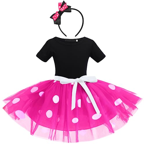 FYMNSI Kinder Baby Mädchen Minnie Mouse Kostüme Halloween Weihnachten Fasching Verkleidung Geburtstag Party Outfit Kurzarm Gepunktet Tütü Tüll Prinzessin Partykleid mit Stirnband Rose 3-4 Jahre von FYMNSI