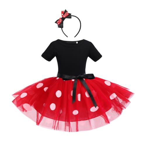 FYMNSI Kinder Baby Mädchen Minnie Mouse Kostüme Halloween Weihnachten Fasching Verkleidung Geburtstag Party Outfit Kurzarm Gepunktet Tütü Tüll Prinzessin Partykleid mit Stirnband Rot 3-4 Jahre von FYMNSI