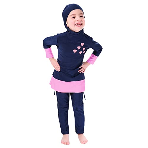 FYMNSI Kinder Baby Mädchen Muslimischen Badeanzug Modest Islamischen Ganzkörper Full Cover Langarm Top Hijab Hose Burkini Set Wassersport Surfen Outfit Bademode Schwimmanzug Marineblau 11-12 Jahre von FYMNSI