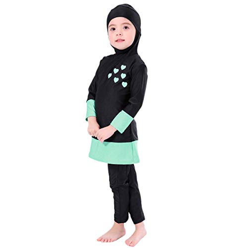 FYMNSI Kinder Baby Mädchen Muslimischen Badeanzug Modest Islamischen Ganzkörper Full Cover Langarm Top Hijab Hose Burkini Set Wassersport Surfen Outfit Bademode Schwimmanzug Schwarz 11-12 Jahre von FYMNSI