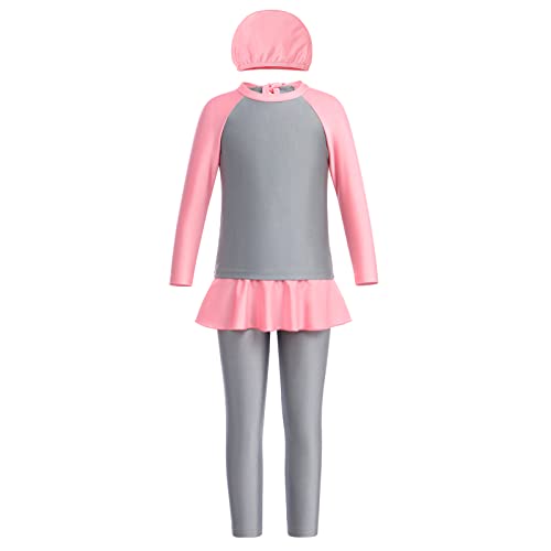 FYMNSI Kinder Baby Mädchen Muslimischen Badeanzug Modest Islamischen Ganzkörper Full Cover Langarm Top Hose Hut Burkini Set Wassersport Surfen Outfit Bademode Schwimmanzug Grau 6-7 Jahre von FYMNSI