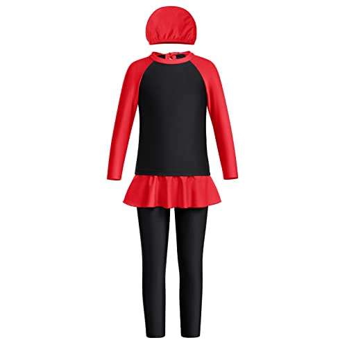 FYMNSI Kinder Baby Mädchen Muslimischen Badeanzug Modest Islamischen Ganzkörper Full Cover Langarm Top Hose Hut Burkini Set Wassersport Surfen Outfit Bademode Schwimmanzug Schwarz 7-8 Jahre von FYMNSI