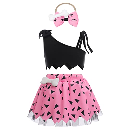 Kinder Baby Mädchen Pebbles Familie Feuerstein Kostüm Kieselstein Flintstone Halloween Cosplay Historische Steinzeit Höhlenmädchen Outfits Karneval Fasching Verkleidung Rosa Rock Set 3-4 Jahre von FYMNSI