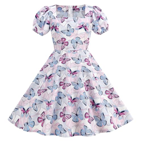 FYMNSI Kinder M�dchen 1950er Vintage Rockabilly Kleid Kurzarm Abendkleid Geburtstag Partykleider Audrey Hepburn A-Linie Retro Cocktailkleid Knielang Festkleid Im 50er Jahre Schmetterling 8-9 Jahre von FYMNSI