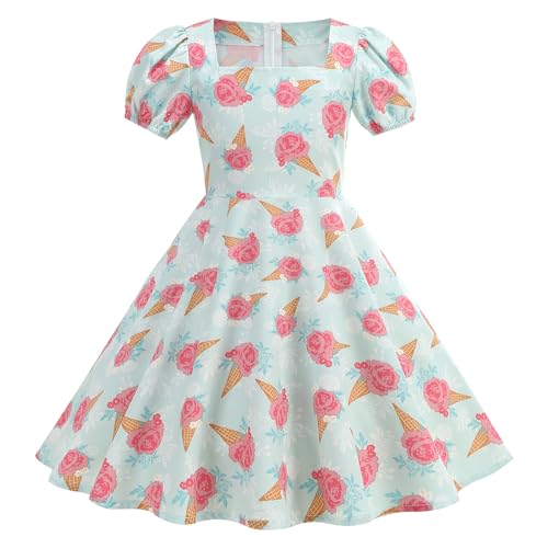 FYMNSI Kinder M�dchen 1950er Vintage Rockabilly Kleid Kurzarm Abendkleid Geburtstag Partykleider Audrey Hepburn A-Linie Retro Cocktailkleid Knielang Festkleid Im 50er Jahre Stil EIS 7-8 Jahre von FYMNSI