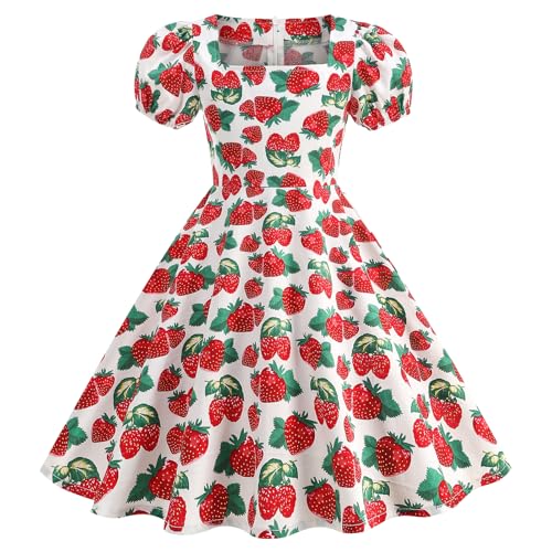 FYMNSI Kinder M�dchen 1950er Vintage Rockabilly Kleid Kurzarm Abendkleid Geburtstag Partykleider Audrey Hepburn A-Linie Retro Cocktailkleid Knielang Festkleid Im 50er Jahre Stil Erdbeere 4-5 Jahre von FYMNSI