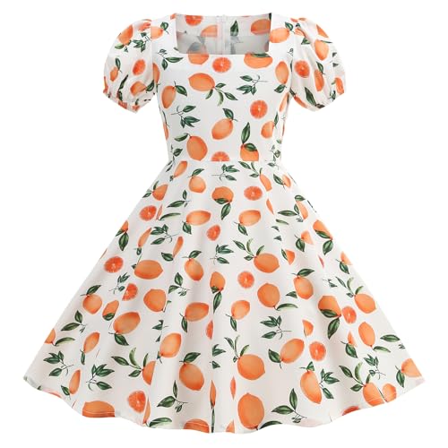 FYMNSI Kinder M�dchen 1950er Vintage Rockabilly Kleid Kurzarm Abendkleid Geburtstag Partykleider Audrey Hepburn A-Linie Retro Cocktailkleid Knielang Festkleid Im 50er Jahre Stil Orange 9-10 Jahre von FYMNSI