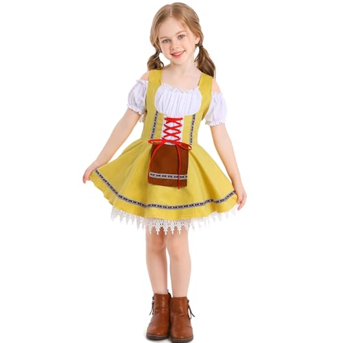 FYMNSI Kinder M�dchen Deutsche Dirndl Kleid Kost�me Zum Bayerisches Oktoberfest Jahrgang Midi Trachtenkleid mit Sch�rze Traditionelles M�dchendirndl F�r Halloween Party Karneval Gr�n 10-12 Jahre von FYMNSI