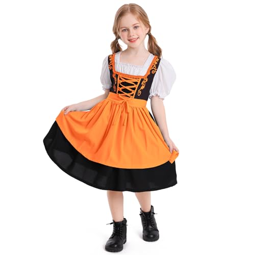 FYMNSI Kinder M�dchen Deutsche Dirndl Kleid Kost�me Zum Bayerisches Oktoberfest Jahrgang Trachtenkleid mit Sch�rze Traditionelles M�dchendirndl F�r Halloween Fasching Party Karneval Orange 8-10 Jahre von FYMNSI