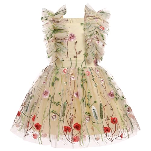 FYMNSI Kinder M�dchen Geburtstag Partykleider Blumen Stickerei Prinzessin T�t� T�llkleid Festliches Festkleid Blumenm�dchen Hochzeit Kinderkleid Abendkleid Taufkleid Hochzeitsgast Hellgelb 4-5 Jahre von FYMNSI