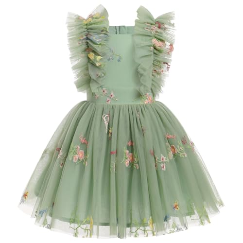 FYMNSI Kinder M�dchen Geburtstag Partykleider Blumen Stickerei Prinzessin T�t� T�llkleid Festliches Festkleid Blumenm�dchen Hochzeit Kinderkleid Abendkleid Taufkleid Hochzeitsgast Salbeigr�n 9-10J von FYMNSI