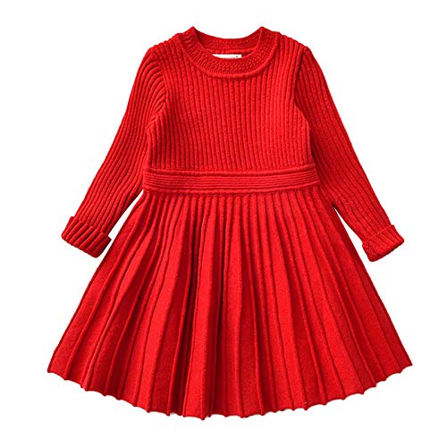 FYMNSI Kinder M?dchen Gestrickt Kleid Strick Pullover Langarm Strickkleid Prinzessin Minikleid Herbst Winter Warm H?keln Tops Partykleid Einfarbig Winterpulli Winterpullover Bekleidung Rot 2-3 Jahre von FYMNSI