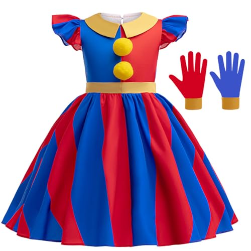 FYMNSI Kinder M�dchen Zirkus Clown Kost�m Karneval Clownskost�m Fasching Halloween Weihnachtsfeier Outfit Kinderkost�m Party Verkleidung A-Linie Gestreift Kleid Mit Handschuhe Rot 5-6 Jahre von FYMNSI