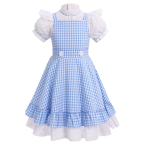 FYMNSI Kinder Mädchen Dorothy Kostüm Halloween Cosplay Kariert Kleid mit Shirt Tops Outfit Fasching Karneval Verkleidung Märchen Kinderbuch Charakte Geburtstag Party Faschingskostüm Blau 9-10 Jahre von FYMNSI