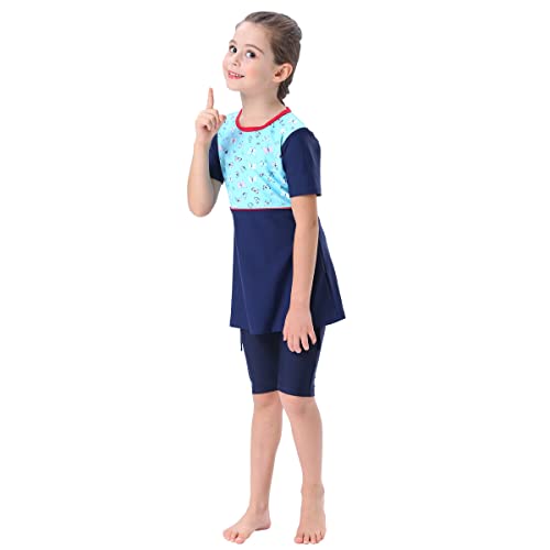 FYMNSI Kinder Mädchen Muslimischen Badeanzug Burkini Modest Islamischen Ganzkörper Full Cover Kurzarm Top Shorts 2er Set Wassersport Surfen Outfit Bademode Schwimmanzug Muslim Swimwear Blau 4-5 Jahre von FYMNSI