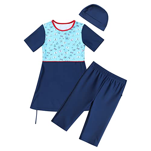 FYMNSI Kinder Mädchen Muslimischen Badeanzug Burkini Modest Islamischen Ganzkörper Full Cover Kurzarm Top Shorts 2er Set Wassersport Surfen Outfit Bademode Schwimmanzug Muslim Swimwear Blau 7-8 Jahre von FYMNSI