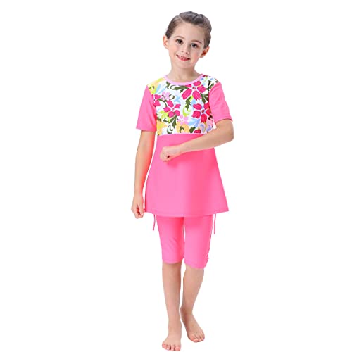 FYMNSI Kinder Mädchen Muslimischen Badeanzug Burkini Modest Islamischen Ganzkörper Full Cover Kurzarm Top Shorts 2er Set Wassersport Surfen Outfit Bademode Schwimmanzug Muslim Swimwear Rose 7-8 Jahre von FYMNSI