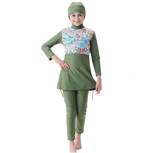 FYMNSI Kinder Mädchen Muslimischen Badeanzug Full Cover Badebekleidung Burkini Modest Islamischen Ganzkörper Hijab Langarm Top Hose Set Wassersport Surfen Outfit Bademode Schwimmanzug Grün 7-8 Jahre von FYMNSI