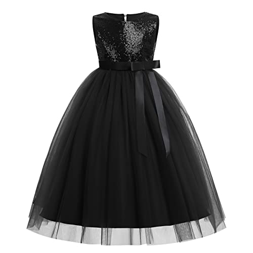 FYMNSI Kinder Mädchen Pailletten Kleid Blumenmädchen Maxikleid Tüllkleid Hochzeit Brautjungfer Tütü Prinzessin Geburtstag Partykleid Rückenfrei Ärmellos Langes Abendkleid Ballkleid Schwarz 4-5 Jahre von FYMNSI