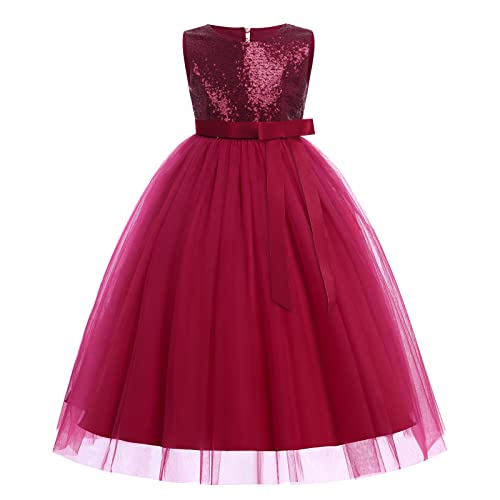 FYMNSI Kinder Mädchen Pailletten Kleid Blumenmädchen Maxikleid Tüllkleid Hochzeit Brautjungfer Tütü Prinzessin Geburtstag Partykleid Rückenfrei Ärmellos Langes Abendkleid Ballkleid Weinrot 7-8 Jahre von FYMNSI