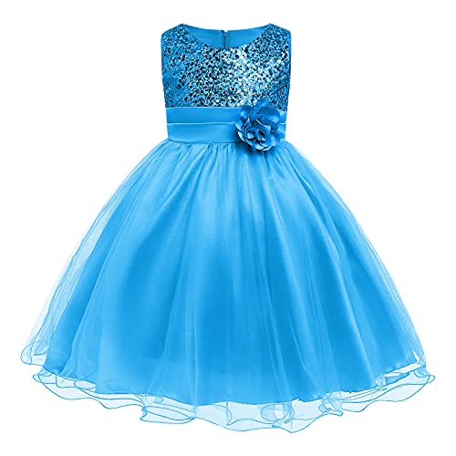 FYMNSI Kinder Mädchen Pailletten Kleid Blumenmädchen Tüllkleid Hochzeit Brautjungfer Tütü Prinzessin Kurzes Partykleid Kleinkinder Geburtstagskleid Ballkleid Ärmellos Sommerkleid Blau 4-5 Jahre von FYMNSI