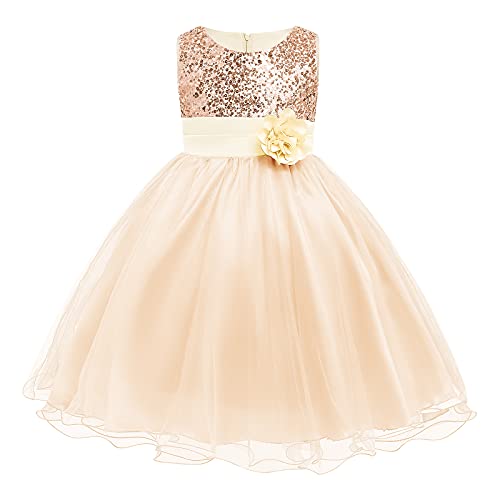 FYMNSI Kinder Mädchen Pailletten Kleid Blumenmädchen Tüllkleid Hochzeit Brautjungfer Tütü Prinzessin Kurzes Partykleid Kleinkinder Geburtstagskleid Ballkleid Ärmellos Sommerkleid Champagner 5-6 Jahre von FYMNSI