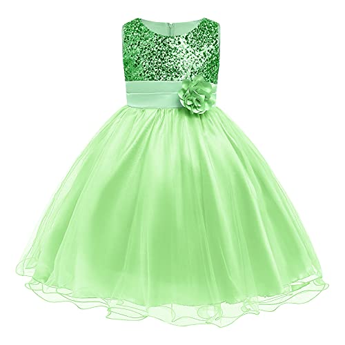 FYMNSI Kinder Mädchen Pailletten Kleid Blumenmädchen Tüllkleid Hochzeit Brautjungfer Tütü Prinzessin Kurzes Partykleid Kleinkinder Geburtstagskleid Ballkleid Ärmellos Sommerkleid Grün 5-6 Jahre von FYMNSI