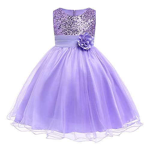 FYMNSI Kinder Mädchen Pailletten Kleid Blumenmädchen Tüllkleid Hochzeit Brautjungfer Tütü Prinzessin Kurzes Partykleid Kleinkinder Geburtstagskleid Ballkleid Ärmellos Sommerkleid Lila 5-6 Jahre von FYMNSI