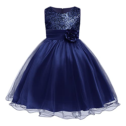 FYMNSI Kinder Mädchen Pailletten Kleid Blumenmädchen Tüllkleid Hochzeit Brautjungfer Tütü Prinzessin Kurzes Partykleid Kleinkinder Geburtstagskleid Ballkleid Ärmellos Sommerkleid Marineblau 5-6 Jahre von FYMNSI