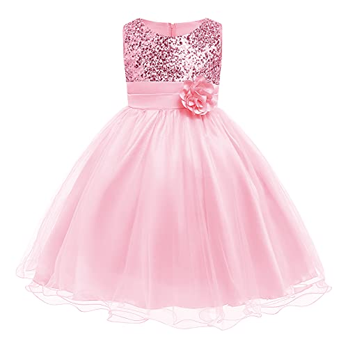 FYMNSI Kinder Mädchen Pailletten Kleid Blumenmädchen Tüllkleid Hochzeit Brautjungfer Tütü Prinzessin Kurzes Partykleid Kleinkinder Geburtstagskleid Ballkleid Ärmellos Sommerkleid Rosa 3-4 Jahre von FYMNSI