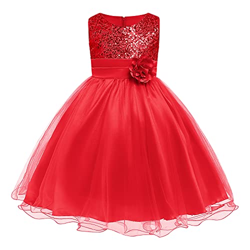 FYMNSI Kinder Mädchen Pailletten Kleid Blumenmädchen Tüllkleid Hochzeit Brautjungfer Tütü Prinzessin Kurzes Partykleid Kleinkinder Geburtstagskleid Ballkleid Ärmellos Sommerkleid Rot 4-5 Jahre von FYMNSI