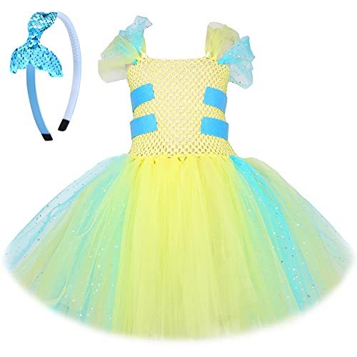 FYMNSI Kinder Mädchen Plattfisch Tütü Tüll Prinzessin Kleid mit Stirnband Festliches Festkleid Geburtstag Partykleid Tanzkleid Halloween Weihnachten Fasching Kostüm Verkleidung Gelb + Blau 8-9 Jahre von FYMNSI