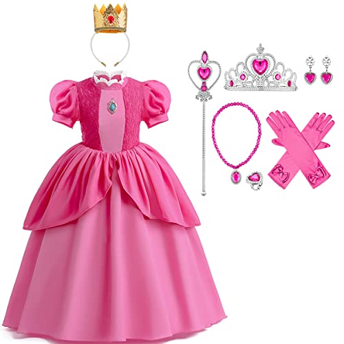 FYMNSI Kinder Mädchen Prinzessin Peach Kostüme Super Mario Halloween Party Cosplay Kurzarm Tutu Maxi Langes Kleid Mit Zubehör Outfit Geburtstag Party Karneval Weihnachten Verkleidung Rose 7-8 Jahre von FYMNSI