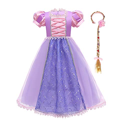 FYMNSI Kinder Mädchen Prinzessin Kostüm Halloween Fasching Karneval Cosplay Verkleidung Weihnachten Geburtstag Party Kleid Puffärmel Tüll Maxikleid mit Perücke Lila 7-8 Jahre von FYMNSI