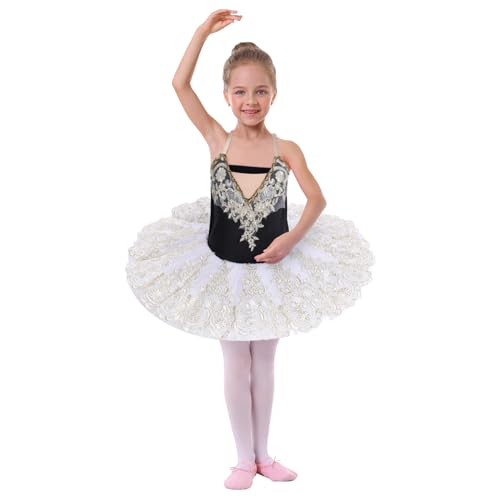 FYMNSI Kinder Mädchen Professionelles Ballett Tutu Kleid Pfannkuchen Ballettkleid Schwan Tanzkleid Schwanensee Tanz Kostüm Tüllkleid Ballettkleidung Ballerina Bühnenkleidung Schwarz + Weiß 11-12 Jahre von FYMNSI